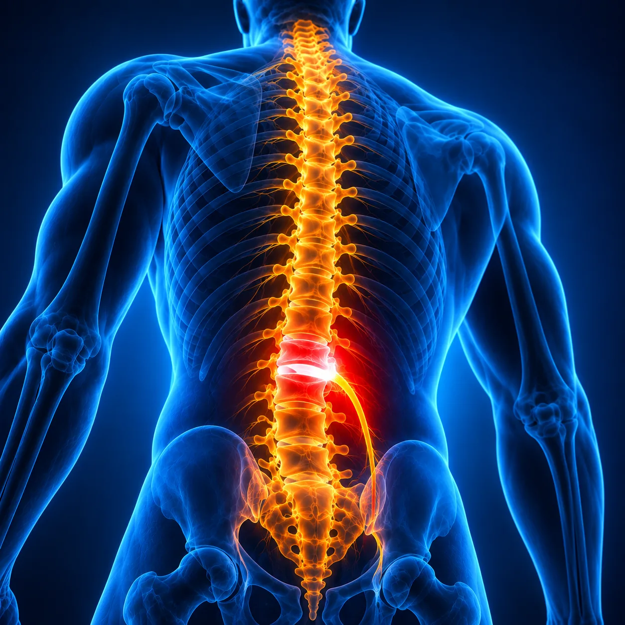 Ilustração da coluna vertebral com destaque para a região do disco lombar